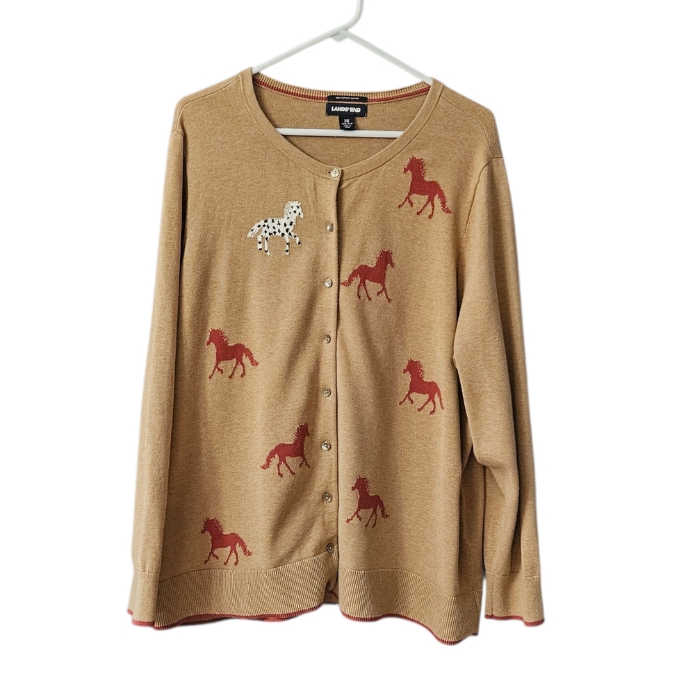 Lands' End Women's Cardigan Horse Motif Equestrian Size 2X Supima Cotton Novelty